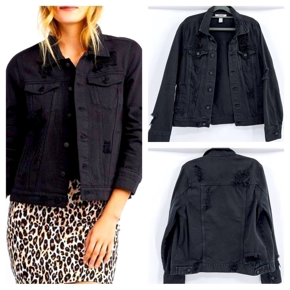 Refuge Women's Size Small Black Button Down Distressed 100% Cotton Jacket